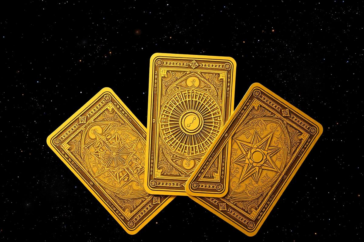 Três cartas de tarot douradas sobre fundo estrelado