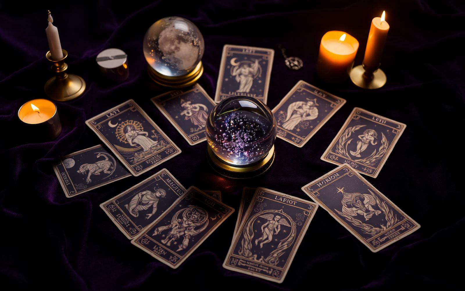 Cartas de tarot iluminadas por velas